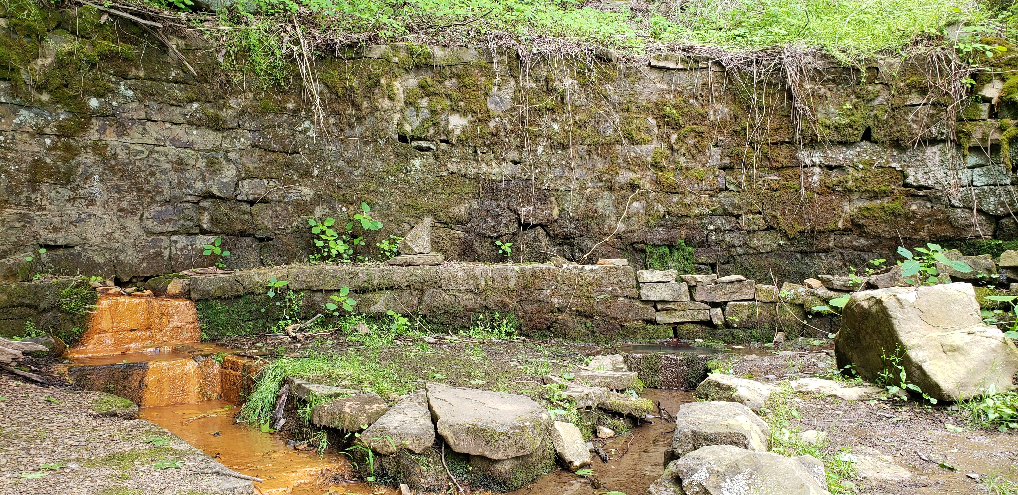 An iron spring with reddish-orange rock flows next to a clear spring with a rock wall behind them